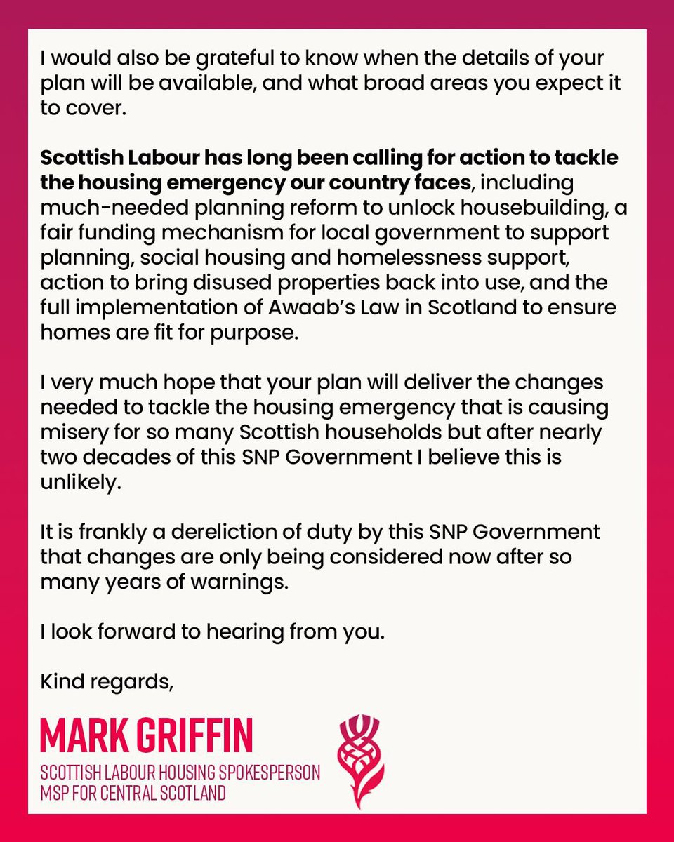 The SNP declared a housing emergency a year ago, but has admitted it still has no plan to tackle it. 

Here is my letter to the cabinet secretary asking why nothing has been done.