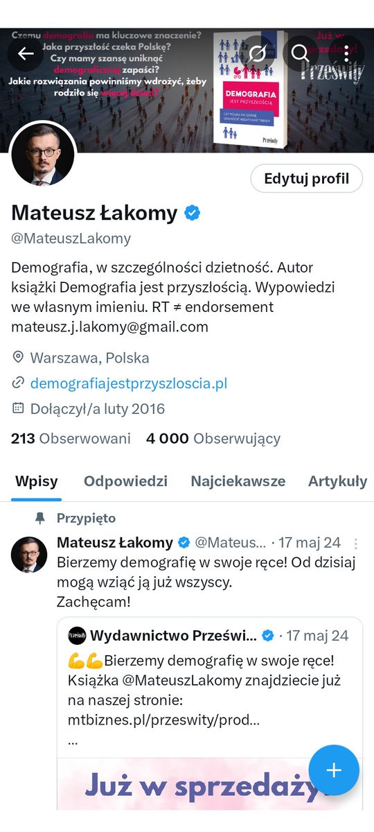 Jest nas już 4 000. Bardzo miło Państwa poznać. 

Mam nadzieję, że treści publikowane przeze mnie pozwolą Państwu lepiej zrozumieć jakby nie patrzeć dość złożoną problematykę demograficzną. W szczególności związaną z niską dzietnością w 🇵🇱.