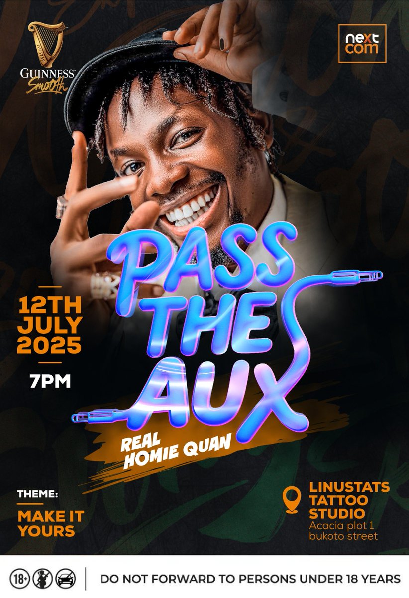 When <a href="/Real_homie_quan/">Real Homie</a> steps in, the vibe shifts. His distressed fashion, raw energy, and effortless cool blend perfectly with the bold smoothness of Guinness.
This Saturday at 7PM, join him at #PassTheAux happening at <a href="/LinusTats/">Linustats Tattoo Studio</a> Tattoo Studio, Acacia Plot 1, Bukoto Street.