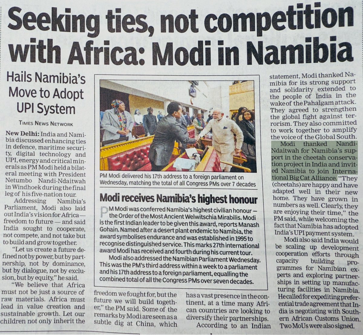 IBCA_official's tweet image. Hon’ble PM of India Shri @narendramodi mentioned the International Big Cat Alliance (IBCA) during his address to the Namibian Parliament. He acknowledged Namibia’s support in India’s Cheetah Conservation Project and extended an invitation to join #IBCA. 🐆🤝🌍
#BigCats…