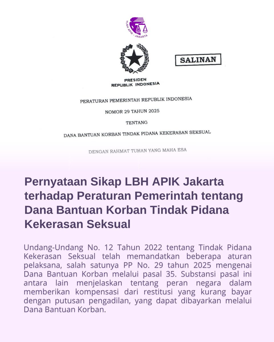 Pernyataan Sikap LBH APIK Jakarta terhadap PP tentang Dana Bantuan Korban Tindak Pidana KS bisa teman-teman baca selengkapnya di website kami 👉🏻 lbhapik.org/tulisan-detail…