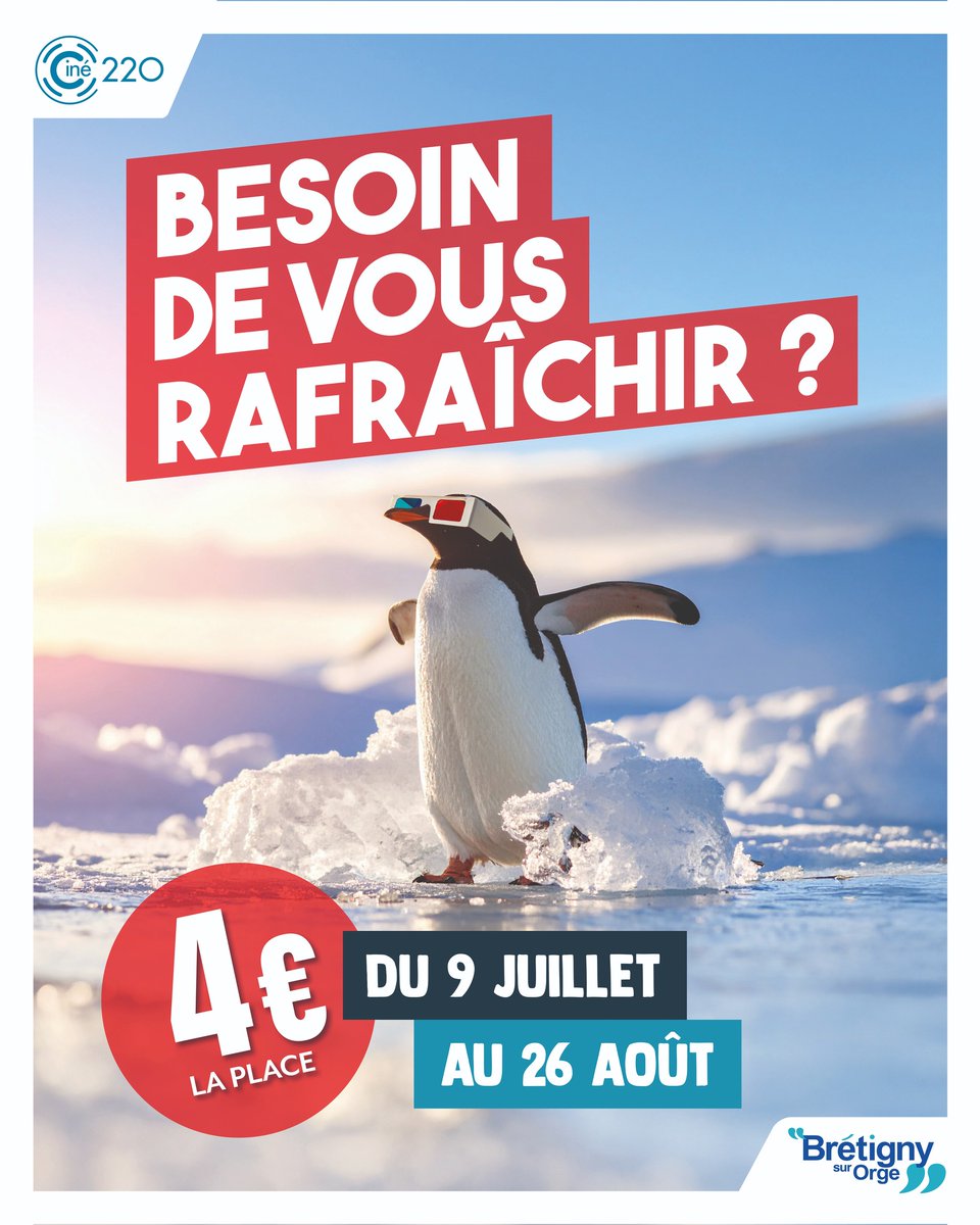 [Opération « Ciné à 4€ »] 🎥
Face au succès de la 1ère édition, la Ville de #Brétigny renouvelle cet été l'opération « Ciné à 4€ » au Ciné220, le cinéma municipal du cœur de ville. 😎
🎟️Jusqu'au 26 août 👉 Tarif unique à 4€ pour tous, pour tous les films &amp; toutes les séances !
