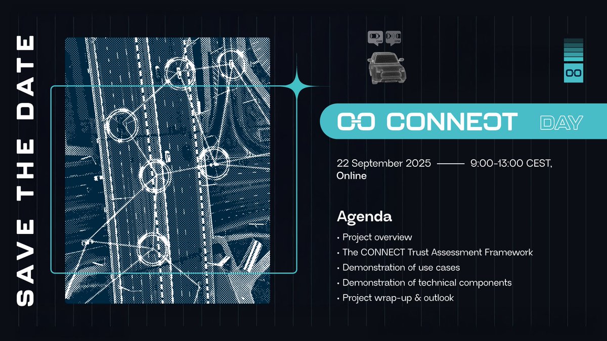 📢 Save the Date: CONNECT Day

🗓 22 Sept 2025 | 9–13 CEST

Agenda:
🔹 Project overview
🔹 Trust Assessment Framework (TAF)
🔹 Use case demos
🔹 Outlook to future research
... and a Q&amp;A in every session!

Stay tuned for more info!

#CCAM #SmartMobility #CONNECTDay #HorizonEU