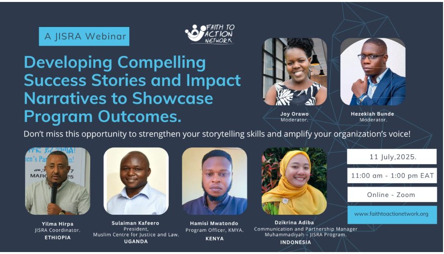 EifddaForyou's tweet image. Join us on July 11, 2025, from 11:00 am to 1:00 pm EAT for a webinar hosted by @FaithToActionNet! Learn how to craft impactful success stories and showcase your program’s achievements.
Don’t miss out—Register: us06web.zoom.us/webinar/regist…
#Storytelling #Impact #Webinar