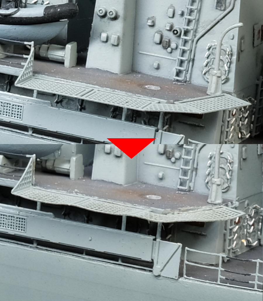 Tobiiro2's tweet image. 仕上げ 2
①舷梯
PE4パーツの凝った作りも格納状態ではほぼ見えず。
右端の四角は裏面がグレーチング表現だったので、格子内部にスミ入れをしました。
②ネット
機銃座周りのネットのPEを、平らなまま付けていたので一旦外し、飛行甲板周りと同様弛み表現に。
見た目にこれぐらい差が出ます。