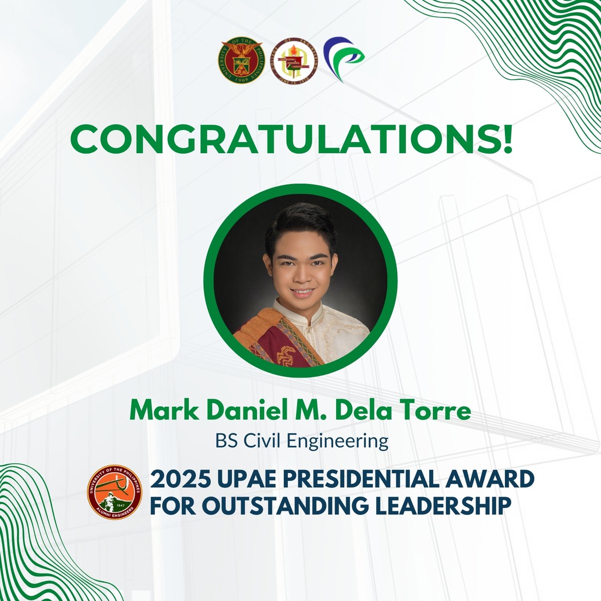 UP Institute of Civil Engineering (@iceupdiliman) on Twitter photo Congratulations to Mark Daniel Dela Torre, BS Civil Engineering graduate, for being the recipient of the 2025 UPAE Presidential Award for Outstanding Leadership by the <a href="/UPAlumniEngrs/">UP Alumni Engineers</a>!
Your ICE family is truly proud of you, Dane! Congratulations to Mark Daniel Dela Torre, BS Civil Engineering graduate, for being the recipient of the 2025 UPAE Presidential Award for Outstanding Leadership by the <a href="/UPAlumniEngrs/">UP Alumni Engineers</a>!
Your ICE family is truly proud of you, Dane!