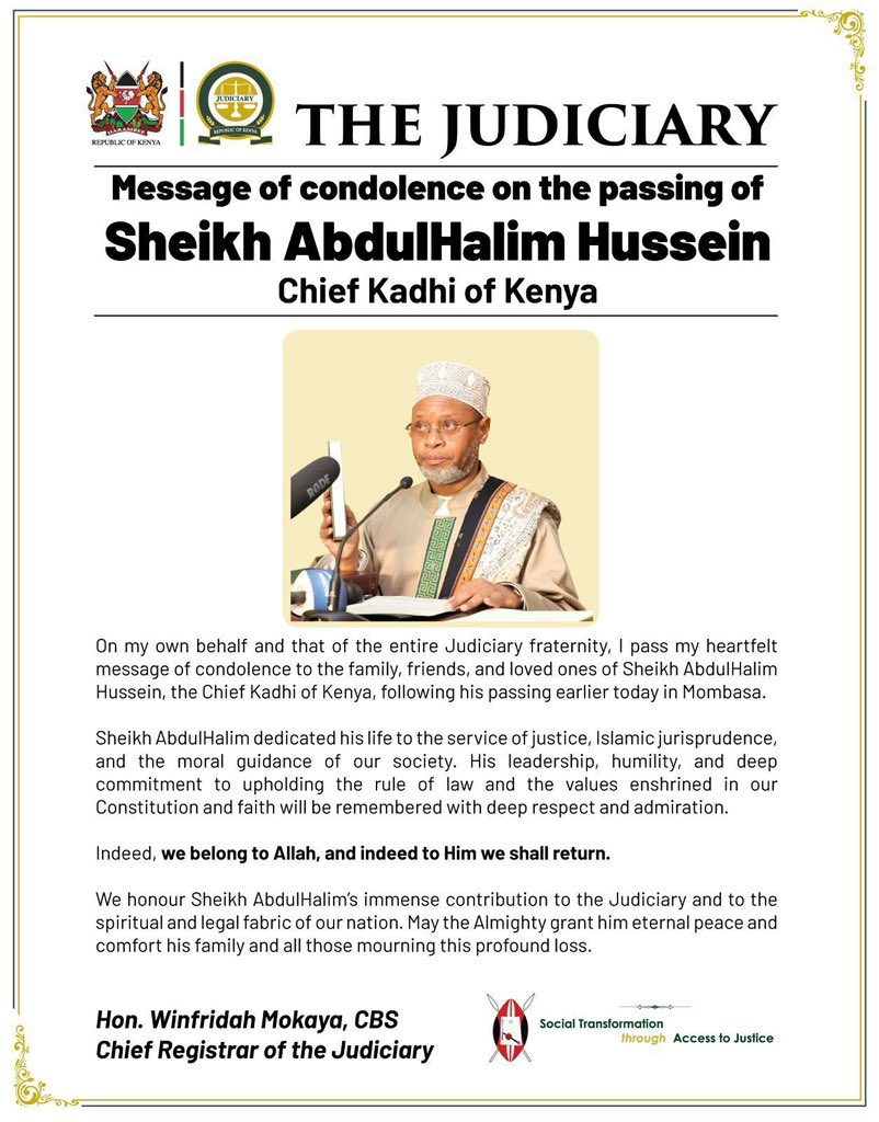 Dr. Abdi Issa ,M.D MSc,MRCGP. (@drabdiissa011) on Twitter photo I am deeply saddened by the passing of Sheikh AbdulHalim Hussein, the Chief Kadhi of Kenya and a dear personal friend. I had the privilege of working closely with him during his time as the Kadhi of Isiolo. My heartfelt condolences go out to his family, the <a href="/Kenyajudiciary/">The Judiciary Kenya</a> , and I am deeply saddened by the passing of Sheikh AbdulHalim Hussein, the Chief Kadhi of Kenya and a dear personal friend. I had the privilege of working closely with him during his time as the Kadhi of Isiolo. My heartfelt condolences go out to his family, the <a href="/Kenyajudiciary/">The Judiciary Kenya</a> , and