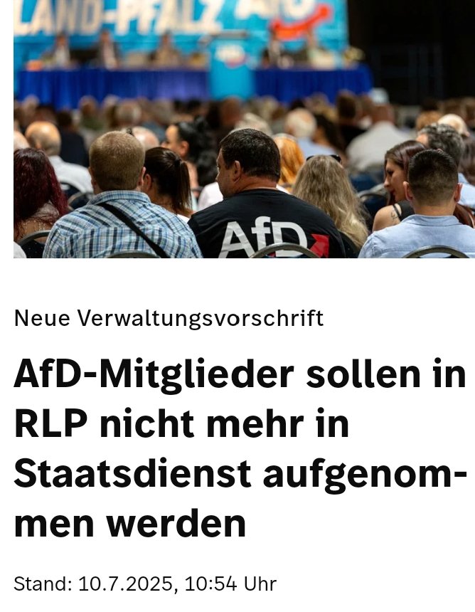 AUS DIE MAUS ‼️
Wer Mitglied der faschistoiden AfD ist, wird in Rheinland-Pfalz nicht mehr in den öffentlichen Dienst/ #Staatsdienst aufgenommen!
Richtig so! 
Sollte für ganz Deutschland so sein! FCKAFD!
#Richterin #Merz #Storch #Frau_Weidel #Menschenwürde
swr.de/swraktuell/rhe…