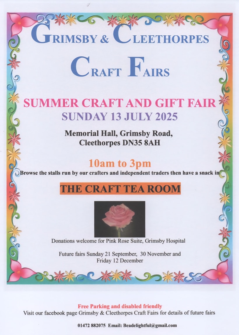 CraftfairsNelc's tweet photo. This Sunday at Cleethorpes Memorial Hall 10-3pm summer Craft and Gift Fair helping to raise funds for the Pink Rose Suite 🌹 
#craftfair #cleethorpes #smallbusiness https://t.co/ofskI9ks9j