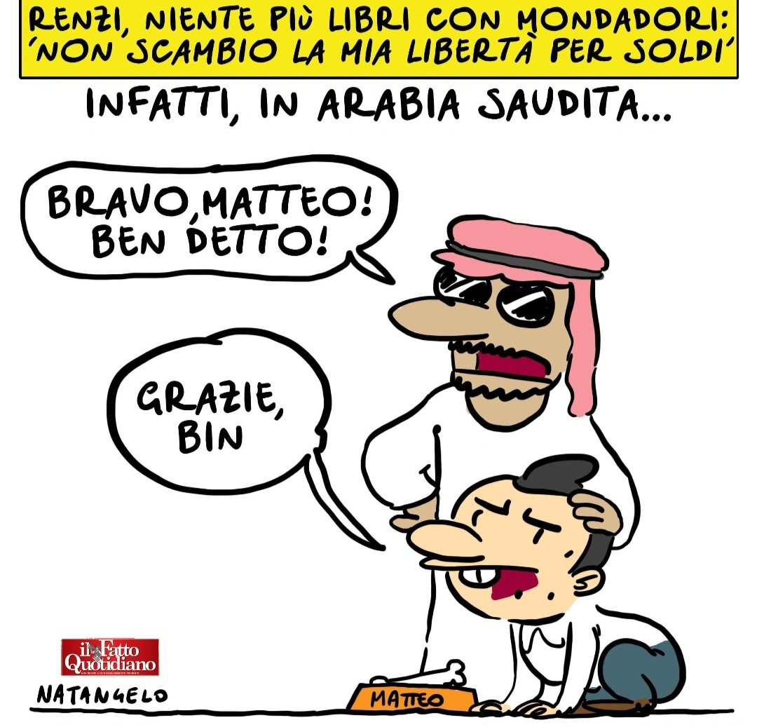 La libertahahahah - la mia vignetta per la prima pagina de Il Fatto Quotidiano oggi in edicola

#renzi #italiaviva #mondadori #piemme #berlusconi #vignetta #fumetto #memeitaliani #umorismo #satirapolitica #satira #humor #natangelo