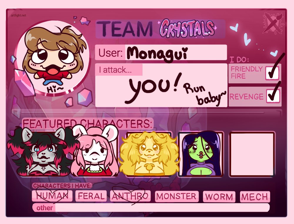 ArtMonagui's tweet photo. Hey babies! I'm back!~ 

I'll try to activate this profile again. So to start, here's my profile the art fight. I'll try to get revenge for any attacks 🤺 (I have very few attacks TvT)

#TEAMCRYSTALS #artfight2025 https://t.co/lVG9sIAGkT
