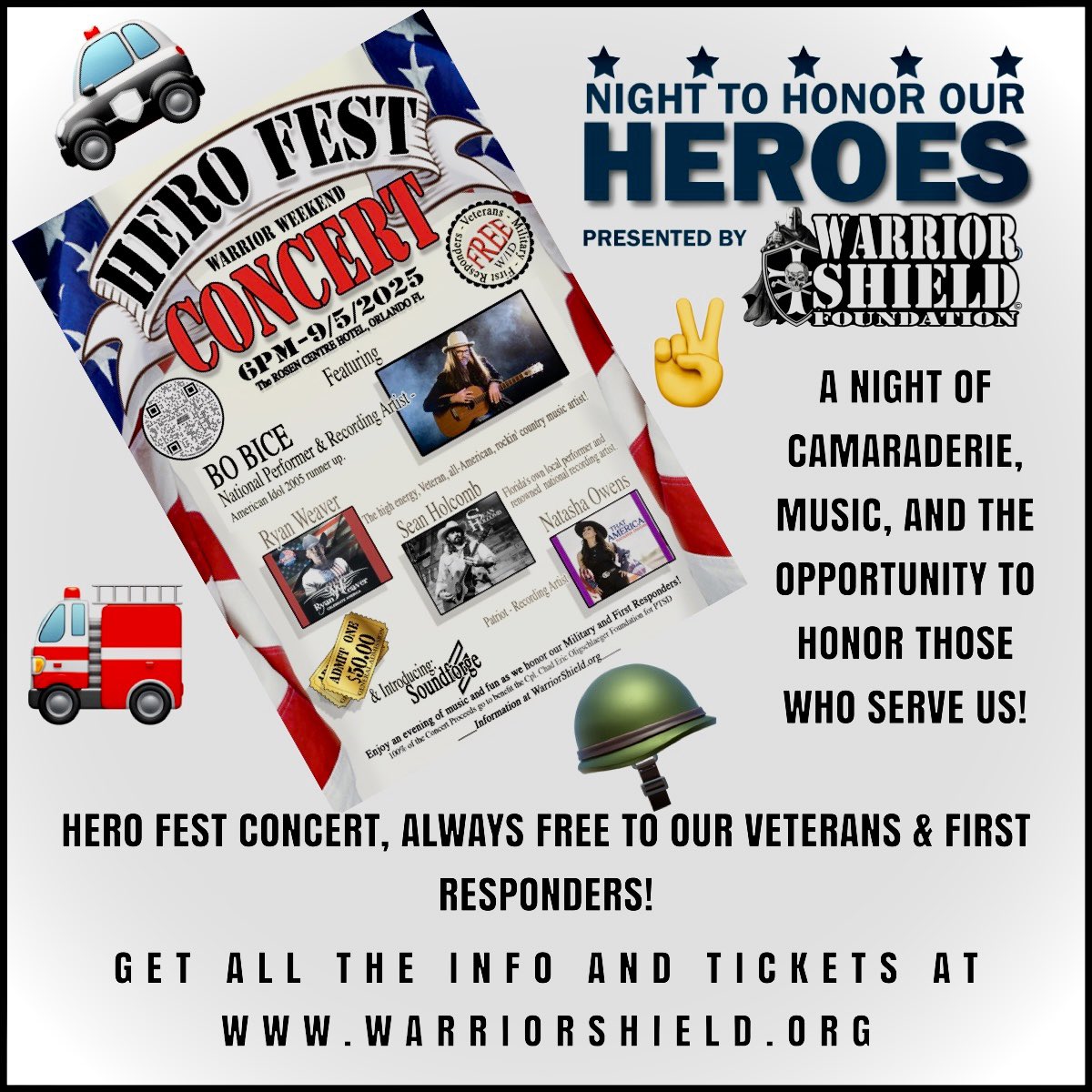 Please spread the word to all veterans and first responders that they can now bring a plus one free of charge to the annual Hero Fest concert. 

WarriorShield.org