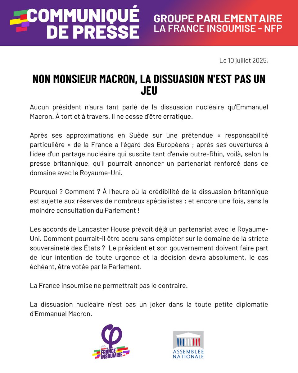 🔴📄Non Monsieur Macron, la dissuasion n'est pas un jeu !

Notre communiqué ⤵️