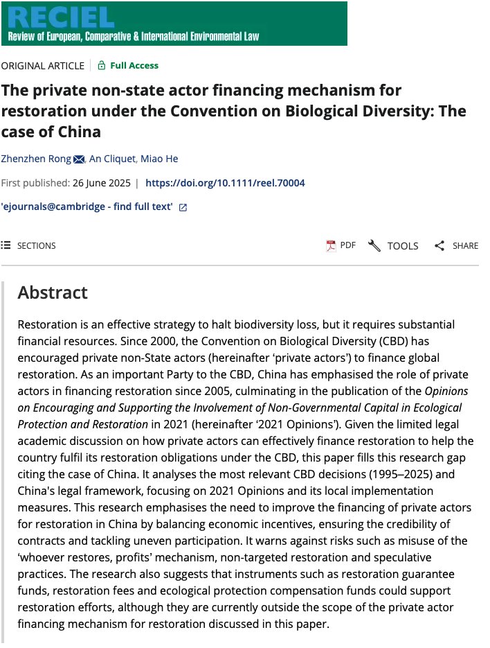 RECIELjournal's tweet image. How is China mobilising private finance for ecosystem restoration under the Convention on Biological Diversity?

This new article explores China’s evolving legal approach, from PPPs to “whoever restores, profits”, and the risks of speculative restoration.

doi.org/10.1111/reel.7…