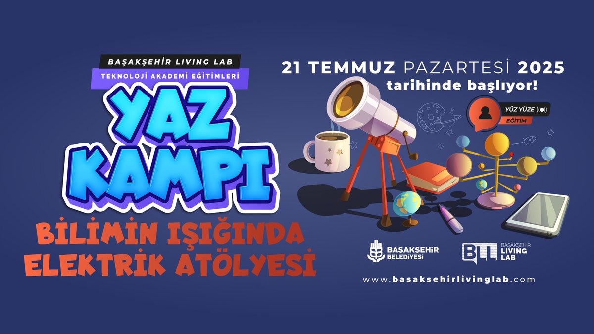 🎉 YAZ KAMPI: BİLİMİN IŞIĞINDA ELEKTRİK ATÖLYESİ!

Başakşehir Living Lab’de heyecan dolu bir yaz kampı minik mucitleri bekliyor! ⚡🌟

📅 21-25 Temmuz 2025
🕒 13.30 – 16.30
📍 Başakşehir Living Lab
📲 Başvuru: Başakşehirli Mobil Uygulama