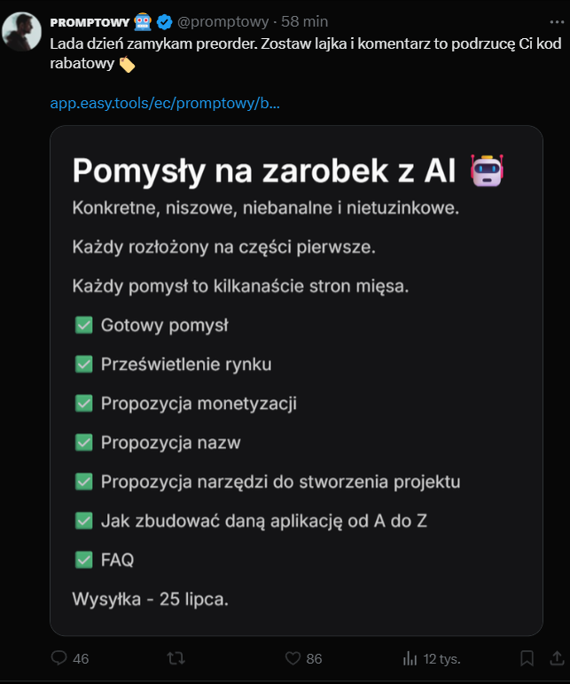 Zostaw lajka, komentarz i udostępnij ten wpis a wyślę ci mój autorski program strategii "AI Profit Machine" gdzie szczegółowo zostało opisane jak zarabiać z AI!