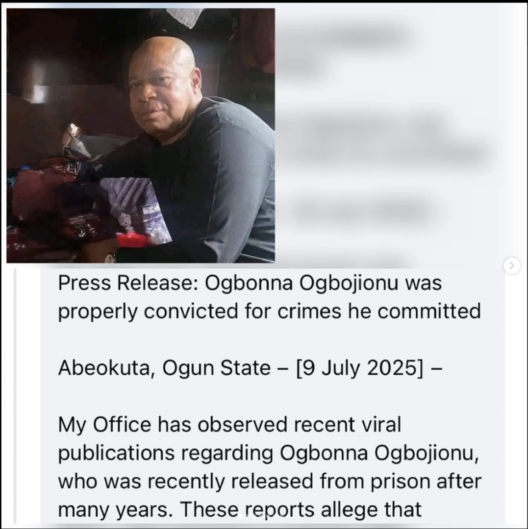 The Ogun State Government has clarified that Ogbonna Ogboijonu's imprisonment was not a case of wrongful conviction. According to the government, Ogboijonu was involved in a violent armed robbery that resulted in the death of a security guard at an ELF petrol station in Abeokuta