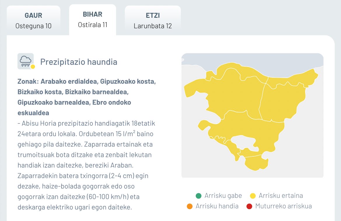 📆 Uztailak 11, ostirala

🟡 #AbisuHoria

🌧️ Prezipitazio handiagatik 18etatik 24etara
