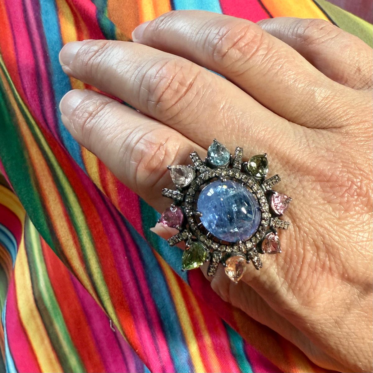 Kyanite, tourmaline, diamonds… oh my! 💎
This silver-set stunner features a central kyanite cabochon, rainbow tourmalines &amp; 0.36cts of rose-cut sparkle.
It even matches Amanda's technicolour dress—fate or fashion? 🌈😉
Coming to our auction on Sat 19th July
#jewellery #jewelry