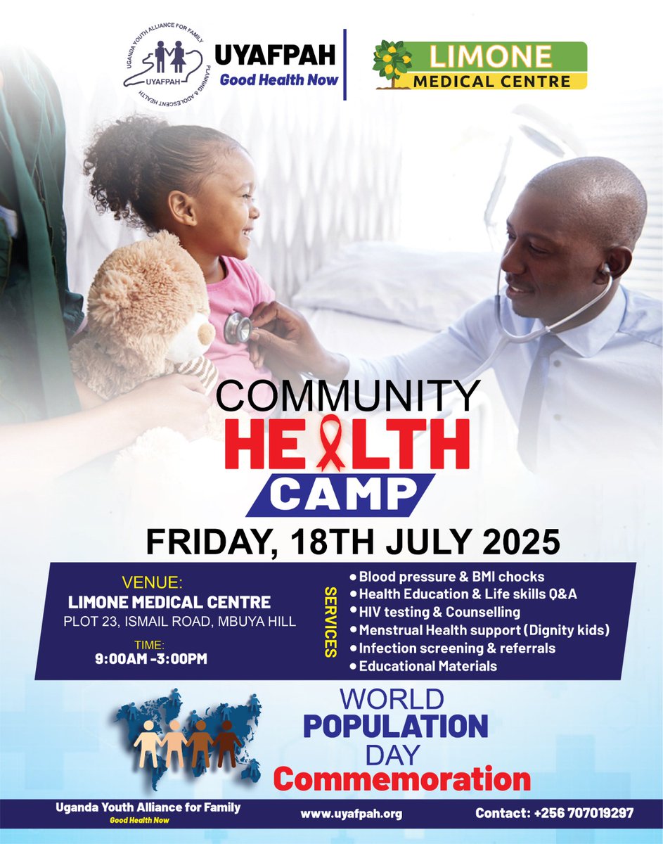 Free Consultations this 18th of July 2025 at Limone Medical Centre as they Host a Community Health Camp.

Come One, Come All
Tell a friend to tell a friend.
#WPD2025
#GoodHealthNow
#HealthOurPriority