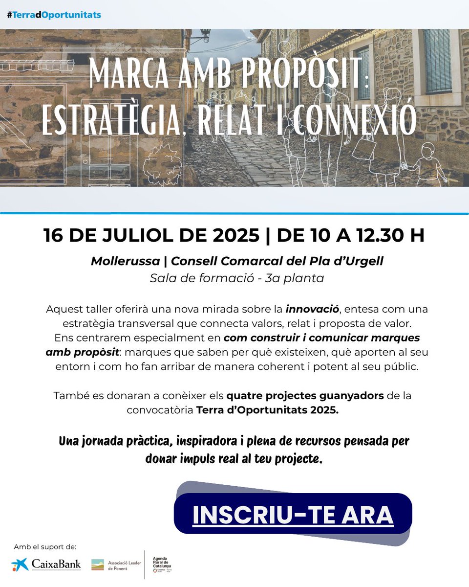 🎯 Taller gratuït a #Mollerussa!
Aprèn a construir i comunicar una #MarcaAmbPropòsit amb <a href="/leaderponent/">Leader Ponent</a> i <a href="/caixabank/">CaixaBank</a> .
📅 16/07 | ⏰ 10.00 h
📍 Consell Comarcal Pla d’Urgell
📌 Inscripció oberta 👉 shorturl.at/A1cXv