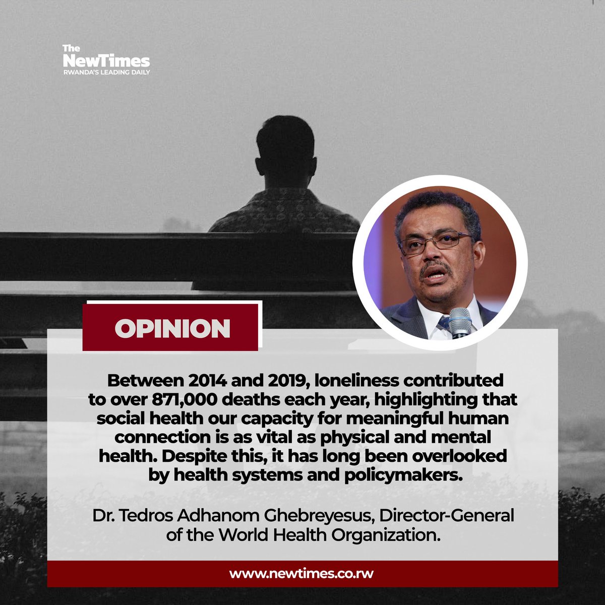 The New Times (Rwanda) (@newtimesrwanda) on Twitter photo “Loneliness is more than a feeling—it’s a public health crisis.” Between 2014–2019, it contributed to over 871,000 deaths yearly. <a href="/DrTedros/">Tedros Adhanom Ghebreyesus</a> calls for urgent recognition of social health as a global priority.
newtimes.co.rw/article/27948/… “Loneliness is more than a feeling—it’s a public health crisis.” Between 2014–2019, it contributed to over 871,000 deaths yearly. <a href="/DrTedros/">Tedros Adhanom Ghebreyesus</a> calls for urgent recognition of social health as a global priority.
newtimes.co.rw/article/27948/…