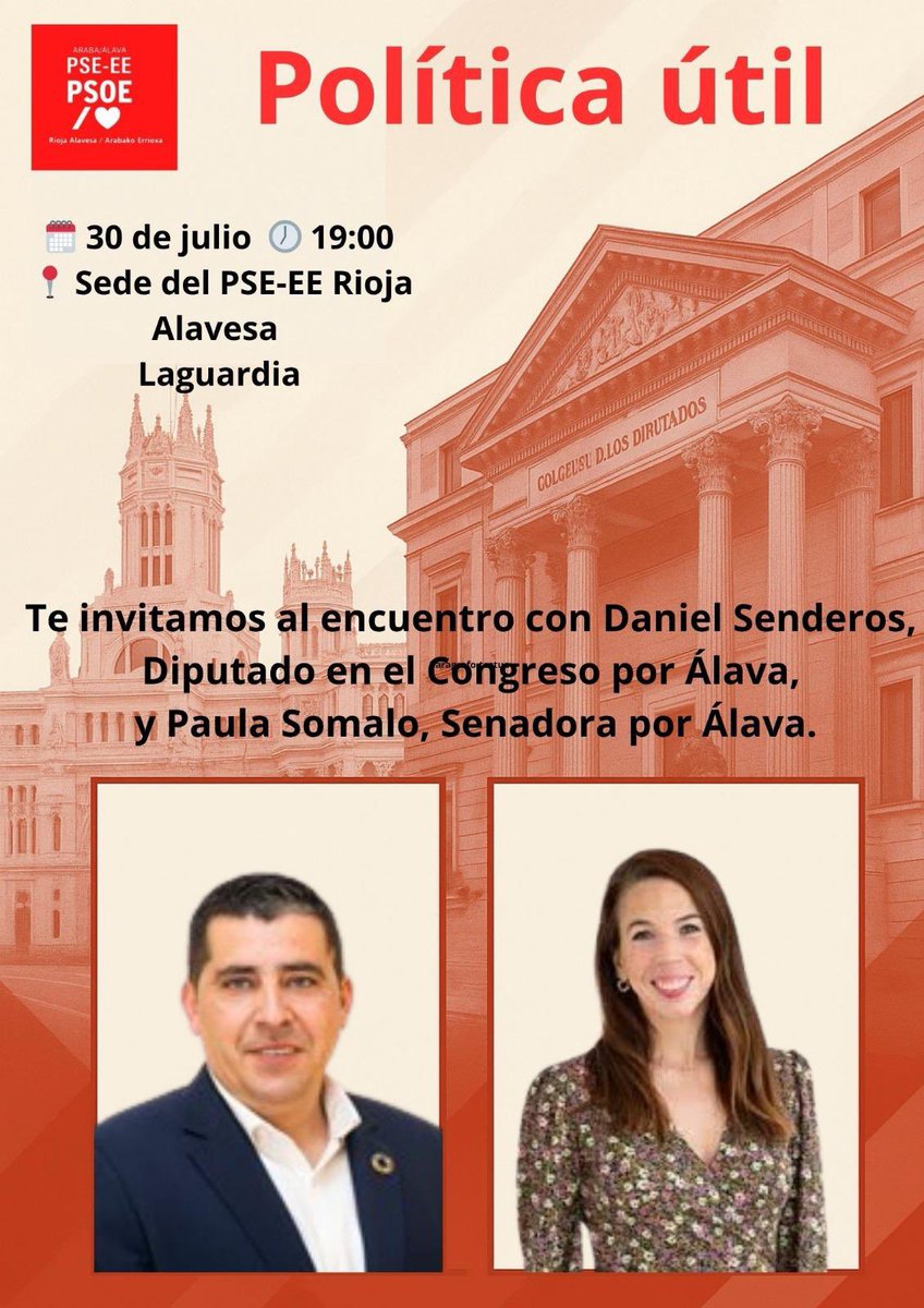 📢 Os invitamos a un encuentro con @DanielSenderos, diputado en el Congreso por #Álava, y <a href="/SomaloPao/">Paula Somalo (Pao)</a>, senadora por nuestro territorio, para hablar de #PolíticaÚtil.
 
📍 Sede del PSE-EE Rioja Alavesa (Laguardia)
📆 Miércoles, 30 de julio
⏰ 19:00h

¡Os esperamos! 🌹