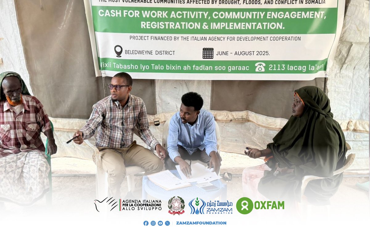 Zamzam Foundation (@zamzamsom) on Twitter photo Registration for the Cash-for-Work initiative is now open
The Zamzam Foundation and <a href="/OxfamSomali/">Oxfam Somali</a>, with the support of the Italian Agency for Development Cooperation, are here to assist communities impacted by drought,floods, and conflict. Together, we can create a brighter future Registration for the Cash-for-Work initiative is now open
The Zamzam Foundation and <a href="/OxfamSomali/">Oxfam Somali</a>, with the support of the Italian Agency for Development Cooperation, are here to assist communities impacted by drought,floods, and conflict. Together, we can create a brighter future