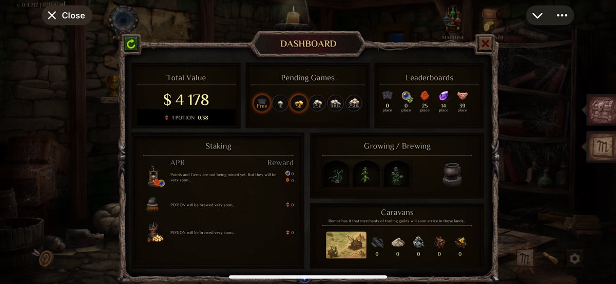 Dashboard is now live in Magic Alchemy.

You can now see:
1) Total account value in $POTION and $RUSK
2) Active games by entry level (from Free to 250k)
3) Your positions on all leaderboards
4) Farming status of your plants
5) Upcoming Caravan mechanics
6) Future staking APR