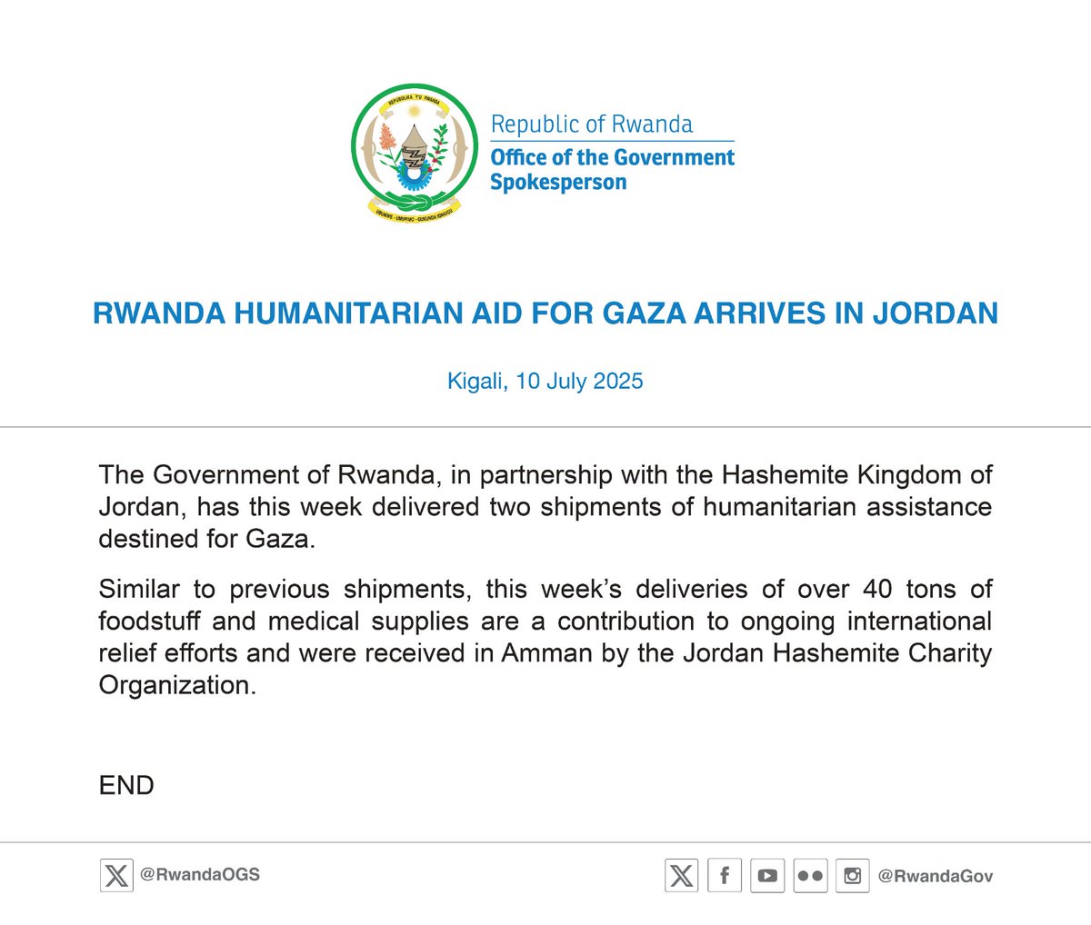 RwandaOGS's tweet image. The Government of Rwanda, in partnership with the Hashemite Kingdom of Jordan, this week delivered two shipments of humanitarian assistance destined for Gaza.