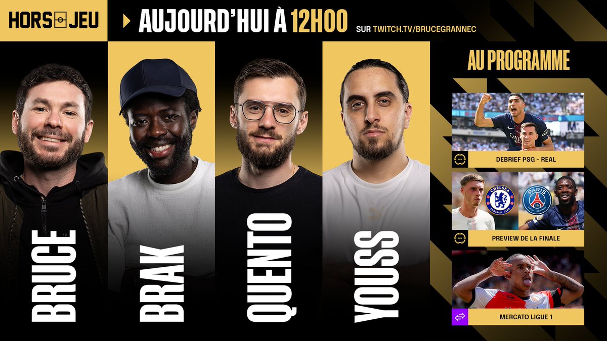 Bruce Grannec (@brucegrannec) on Twitter photo En live avec la Team <a href="/HorsJeuTwitch/">Hors Jeu ⚽</a> pour parler de l'actu foot et revenir sur la large victoire du PSG vs le Real !
▶️ twitch.tv/brucegrannec En live avec la Team <a href="/HorsJeuTwitch/">Hors Jeu ⚽</a> pour parler de l'actu foot et revenir sur la large victoire du PSG vs le Real !
▶️ twitch.tv/brucegrannec