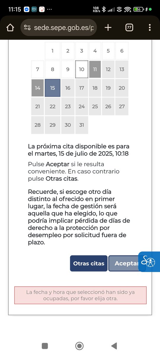AlexisGomez84's tweet photo. @empleo_SEPE Llevo desde el 23 de junio intentando coger cita, da igual la hora, el día. Me pongo alarmas a las 24:59 para ser de los primeros nada, a las 8:00 nada  a las 12:00 nada.

Te salta de repente que hay un hueco y cuando vas a cogerlo te dice que ya no hay. Es absurdo. https://t.co/xRrxHQQFg1
