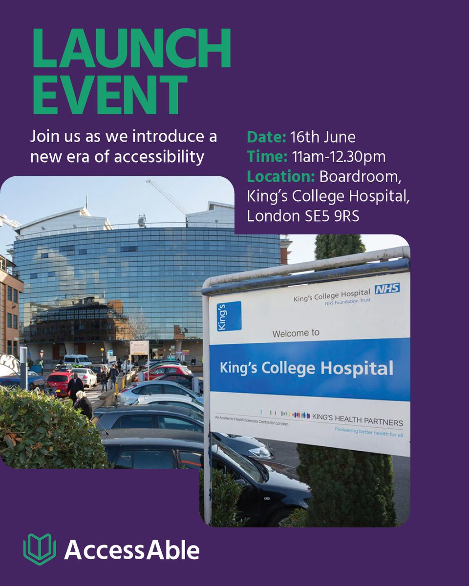 AccessAbleUK's tweet image. Join us at King's College Hospital and Princess Royal University Hospital on July 16th & 17th for the launch of our new Detailed Access Guides for both sites.
@KingsCollegeNHS #KnowMoreGoMore
Learn more accessable.co.uk/articles/acces…