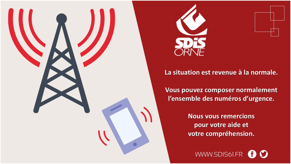 🟢 Retour à la normale pour la réception des appels ☎️18
ℹ️ L'ensemble des numéros d'urgence du <a href="/ornedepartement/">Département de l'Orne</a> sont reçus normalement.
📣 Merci de partager l'information autour de vous.
🙏 Nous vous remercions pour votre aide et votre compréhension.

<a href="/Prefet61/">Préfet de l'Orne 🇫🇷</a>