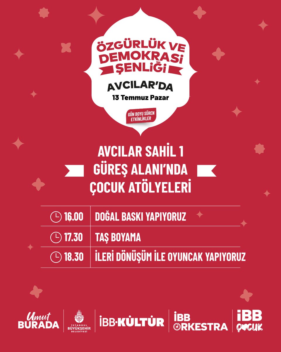 12-13 Temmuz’da Avcılar Sahil 1'de Güreş Alanı'nda düzenleyeceğimiz birbirinden keyifli, ücretsiz çocuk etkinlikleriyle dolu bir programa hazır mısınız? 🎈

Hafta sonu saat 16.00’dan 20.00’a kadar sürecek Özgürlük ve Demokrasi Şenliği etkinliklerine tüm İstanbullular davetlidir.