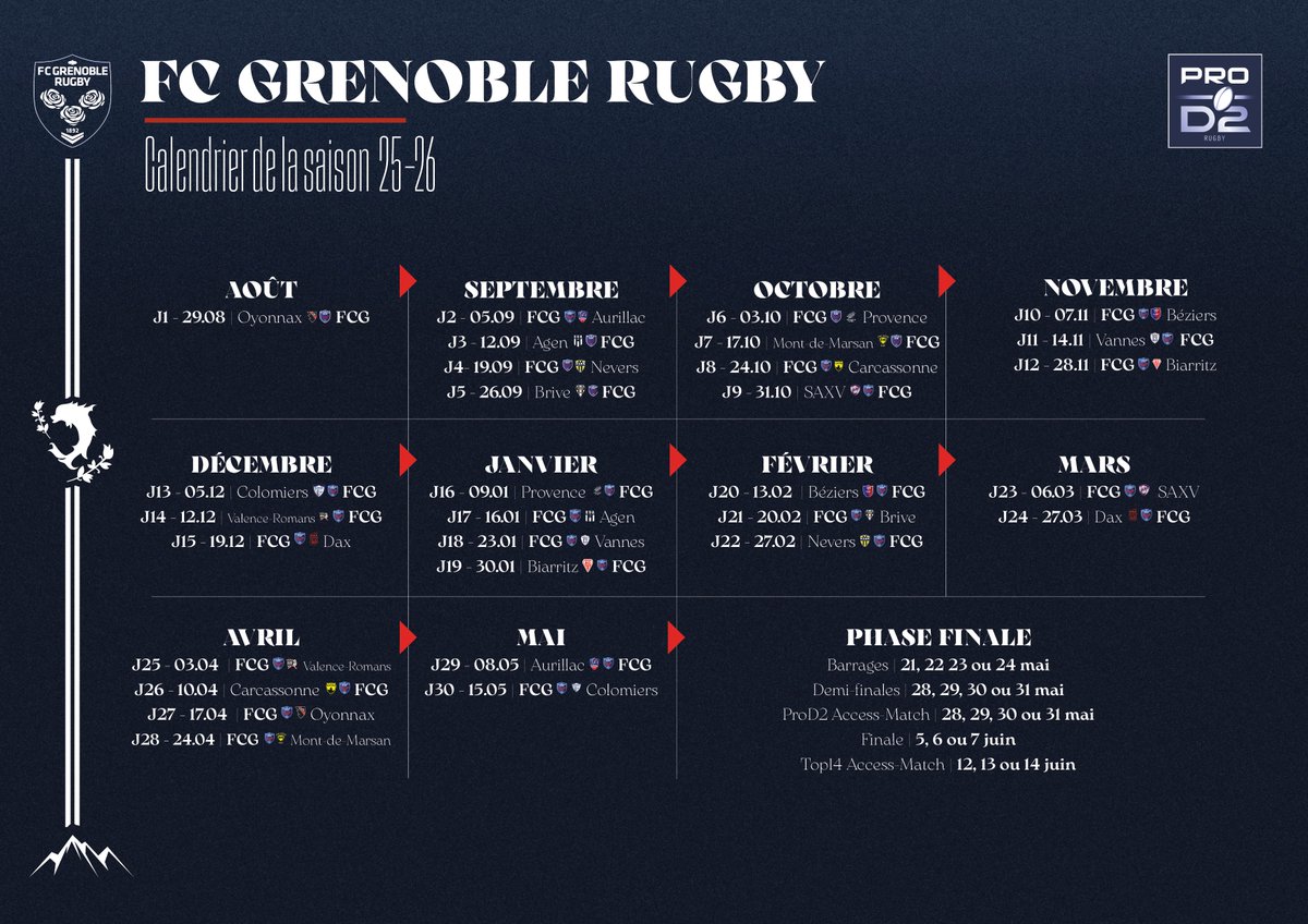 FCGrugby's tweet image. ðð ððð ððÌ ðŽðµ
Découvrez le calendrier de la saison 25-26 ð