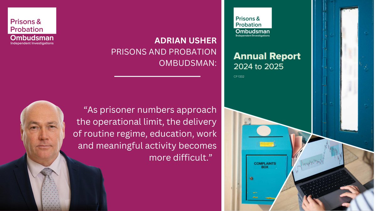 Prisons and Probation Ombudsman (@ppombudsman) on Twitter photo In our 2024 to 2025 Annual Report published today, <a href="/PPOmbudsman/">Prisons and Probation Ombudsman</a> Adrian Usher shares concern for prison capacity issues due to an increase in prisoner deaths and the number of complaints received. Click the link to read the report: ppo.gov.uk/corporate_docu… In our 2024 to 2025 Annual Report published today, <a href="/PPOmbudsman/">Prisons and Probation Ombudsman</a> Adrian Usher shares concern for prison capacity issues due to an increase in prisoner deaths and the number of complaints received. Click the link to read the report: ppo.gov.uk/corporate_docu…