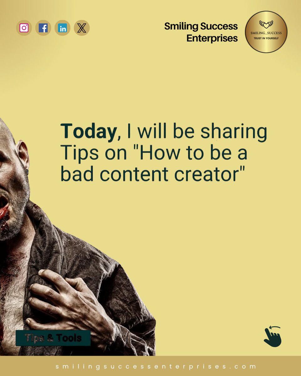 SmilingSuccess's tweet photo. 🧟‍♂️ How to Be a Bad Content Creator — (Reverse Psychology Edition 😏)

#ContentMarketing #ContentCreatorsIndia #DigitalMarketingTips #SmilingSuccessEnterprises #SocialMediaStrategy #MarketingThatWorks #InstagramForBusiness #SmallBusinessIndia #SocialMediaMistakes #GenshinImpact https://t.co/7E1aBjfwOW