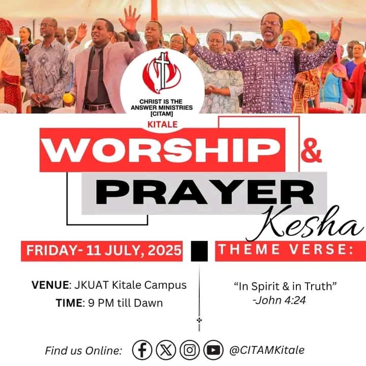 #JoinUs for a #worship and #Prayer #kesha this Friday from 9 pm till dawn. 
#prayingearnestly 
#citamkitale #WhereChristIsTheAnswer 
#InStepWithTheSpirit