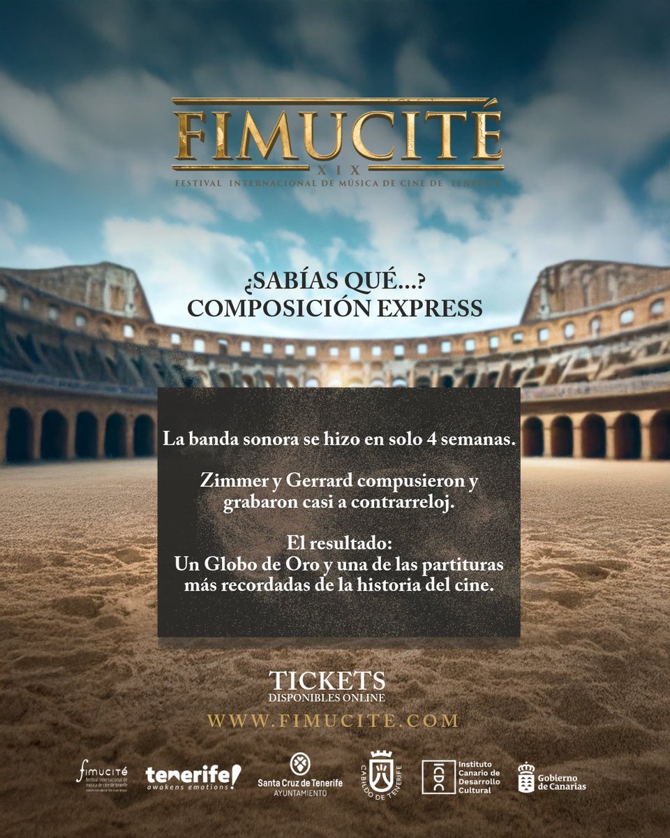 fimucite's tweet photo. FALTA UN DÍA…COMPOSICIÓN EXPRESS

⏱️ ¿Sabías que la banda sonora de Gladiator se compuso en cuatro semanas?
🎶 Una obra que sigue emocionando 25 años después.
📍 Este 11 y 12 de julio, FIMUCITÉ 19.
🎟️ https://t.co/TRFlu6oAVI https://t.co/aQzbKQrq9F