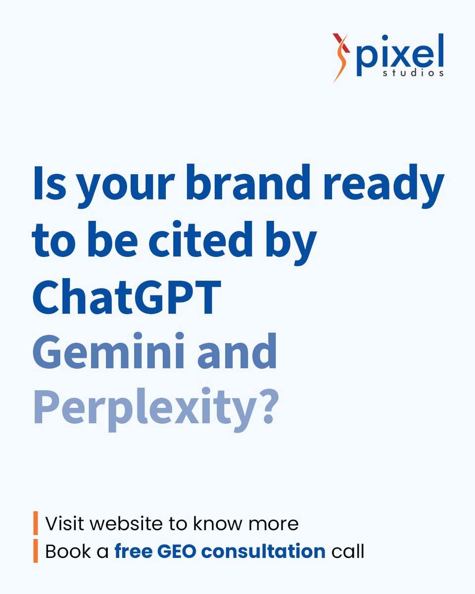 thepixelstudios's tweet image. Is your brand showing up in ChatGPT, Gemini & Perplexity answers?
With Generative Engine Optimization (GEO), your content gets cited by AI, not just ranked on Google.
🚀 Be AI-visible.
👉 Book a free consult: pixel-studios.com/digital-market…