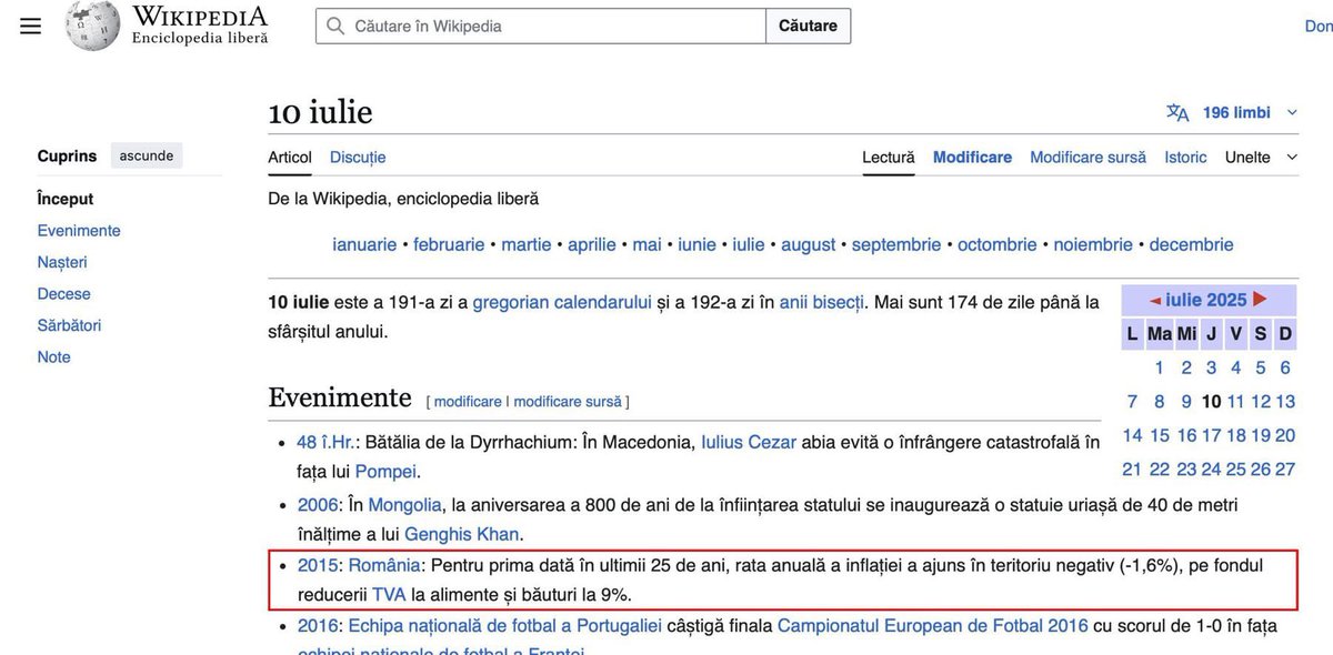Victor_Ponta's tweet image. Norocul meu cu Wikipedia: mi-a amintit că, exact acum 10 ani, pe 10 iulie 2015, #România a avut pentru prima dată “inflație negativă”, adică puterea de cumpărare a unui leu românesc a crescut! Iar Wikipedia ne oferă și explicația: „pentru prima dată, rata anuală a inflației a…