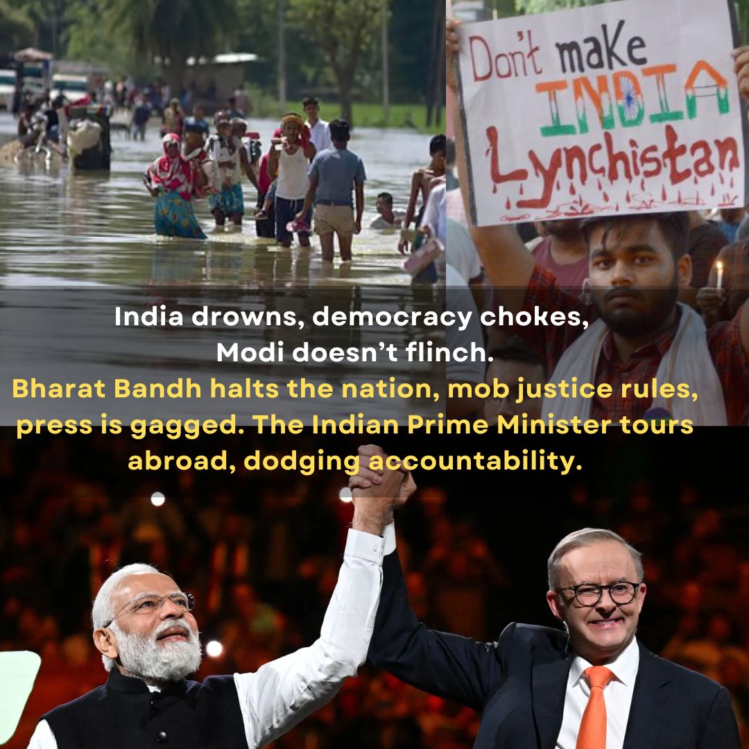 awaiswriites's tweet image. India burns. Floods kill. Mobs lynch. Millions protest.
But PM Modi? Missing in action. Touring abroad.
No condolences, no leadership, just silence.
This isn’t leadership - it’s abandonment.

#IndiaOnFire #WhereIsModi #MobLynching #BharatBandh #DemocracyInDanger