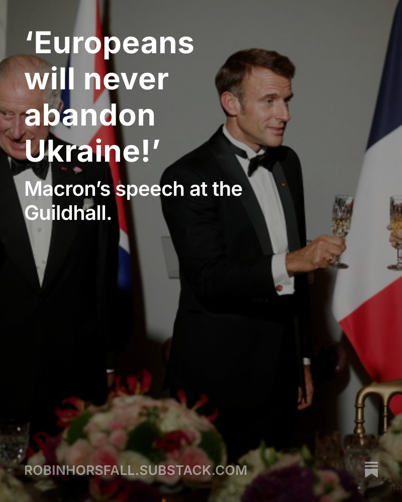 ‘Europeans will never abandon Ukraine!’ 
Macron’s message is clear, ‘Europeans will never abandon Ukraine!’ We have the money, we have the population and the industry, and we are bringing it to bear against you, Russia!

open.substack.com/pub/robinhorsf…