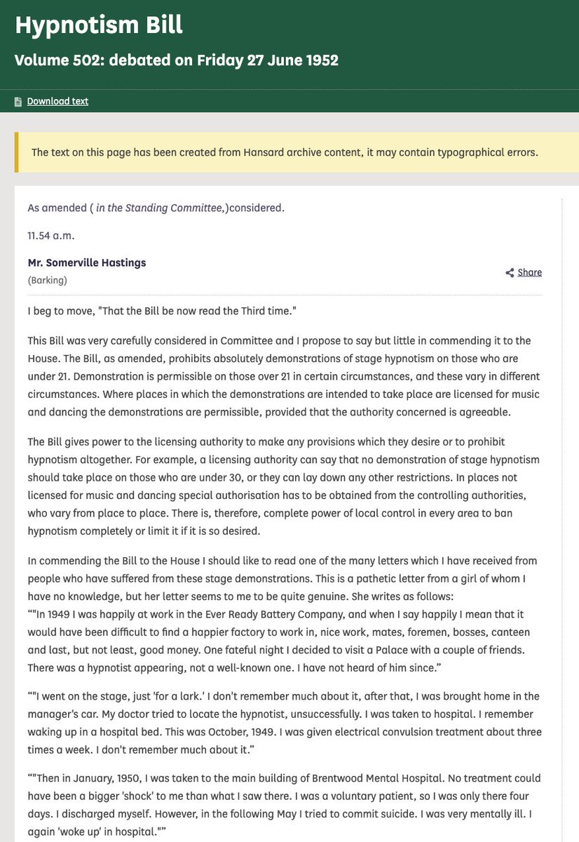 Really need to know just how much of an issue  hospitalisation due to hypnotism was in 1952 to get a private members bill passed