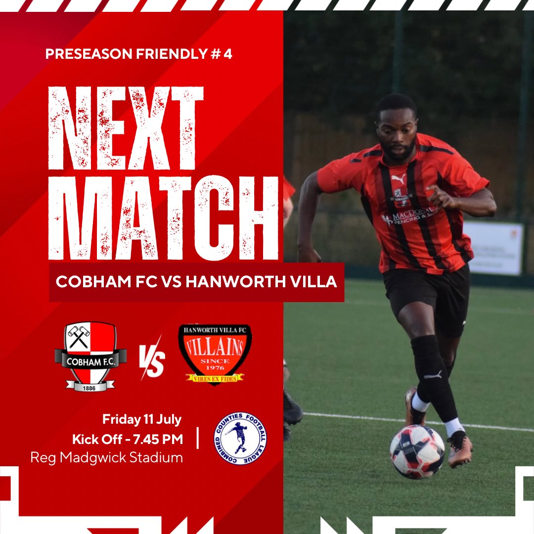 COBHAM FOOTBALL CLUB (@cobham_fc) on Twitter photo โฝ๏ธ ๐จ๐ฝ ๐ก๐ฒ๐
๐ | Friday Night Football
๐ <a href="/HanworthVillaFC/">Hanworth Villa FC</a>
๐ Friendly
๐๏ธ FRI 11 JUL
๐ 7.45PM KO
๐๏ธ The Reg Madgwick Stadium (KT11 1AA)
๐๏ธ Adults ยฃ5 | U16 Free
๐ ๐บHot Food and Drinks Available
๐จ๐ฝ ๐ง๐ต๐ฒ ๐๐ฎ๐บ๐บ๐ฒ๐ฟ๐! โ๏ธโค๏ธ โฝ๏ธ ๐จ๐ฝ ๐ก๐ฒ๐
๐ | Friday Night Football
๐ <a href="/HanworthVillaFC/">Hanworth Villa FC</a>
๐ Friendly
๐๏ธ FRI 11 JUL
๐ 7.45PM KO
๐๏ธ The Reg Madgwick Stadium (KT11 1AA)
๐๏ธ Adults ยฃ5 | U16 Free
๐ ๐บHot Food and Drinks Available
๐จ๐ฝ ๐ง๐ต๐ฒ ๐๐ฎ๐บ๐บ๐ฒ๐ฟ๐! โ๏ธโค๏ธ
