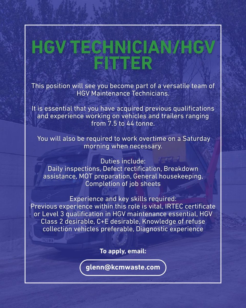 KCM Waste Management (@kcmwaste) on Twitter photo We're on the lookout for a new HGV Technician to join our team! 🛠🚛
If you think this will be the perfect role for you, email glenn@kcmwaste.com
#hiring #careers #southyorkshire #rotherham #sheffield #HGV We're on the lookout for a new HGV Technician to join our team! 🛠🚛
If you think this will be the perfect role for you, email glenn@kcmwaste.com
#hiring #careers #southyorkshire #rotherham #sheffield #HGV