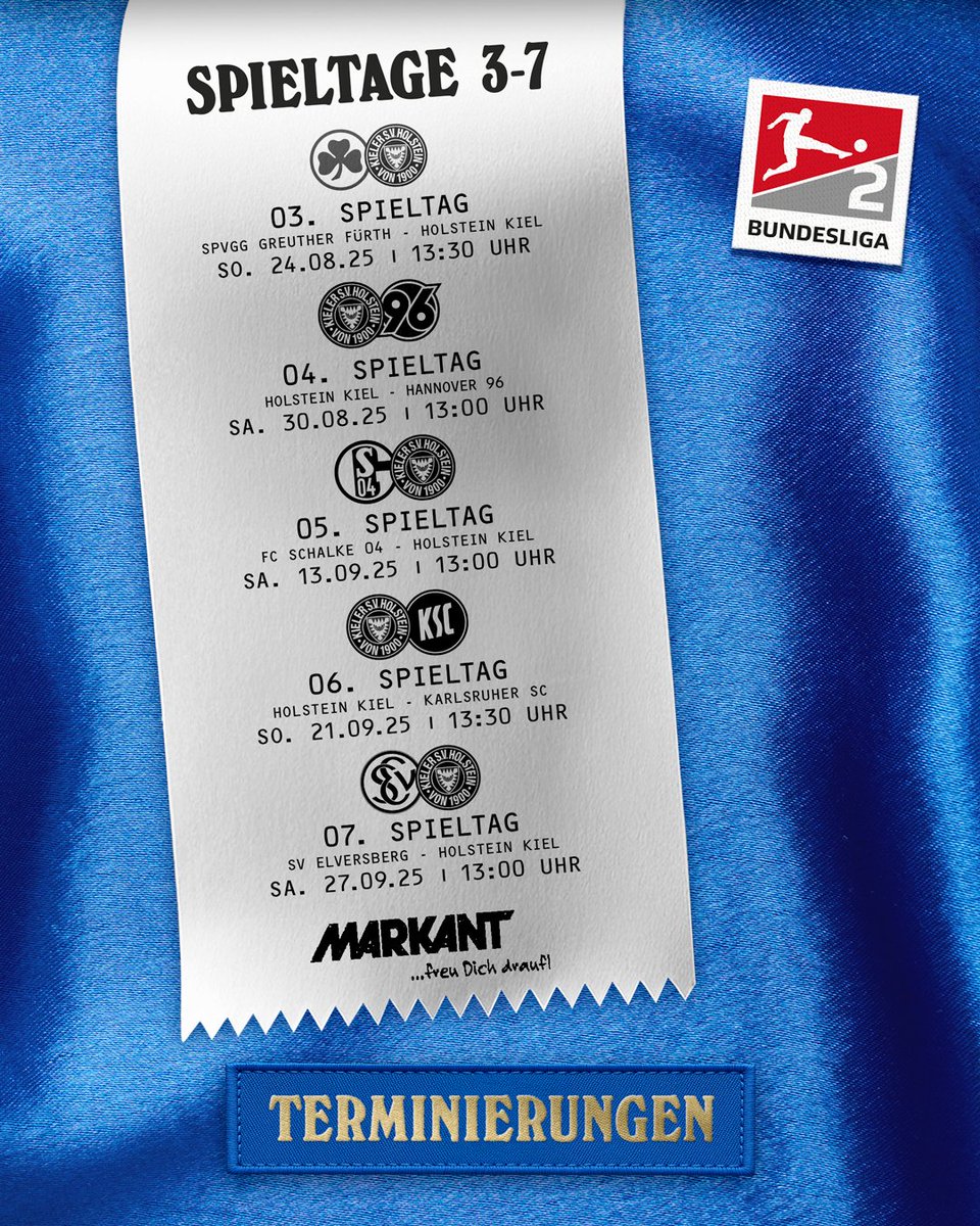 Spieltage 3 bis 7 terminiert 🗓️

Die Deutsche Fußball Liga (DFL) hat heute die Ansetzungen für die Spieltage im August und September bekanntgegeben.

Alle Infos ⏩ tinyurl.com/KSV3-7
_
#KielAhoi
Werbung: Die Terminierung wird präsentiert von Markant.