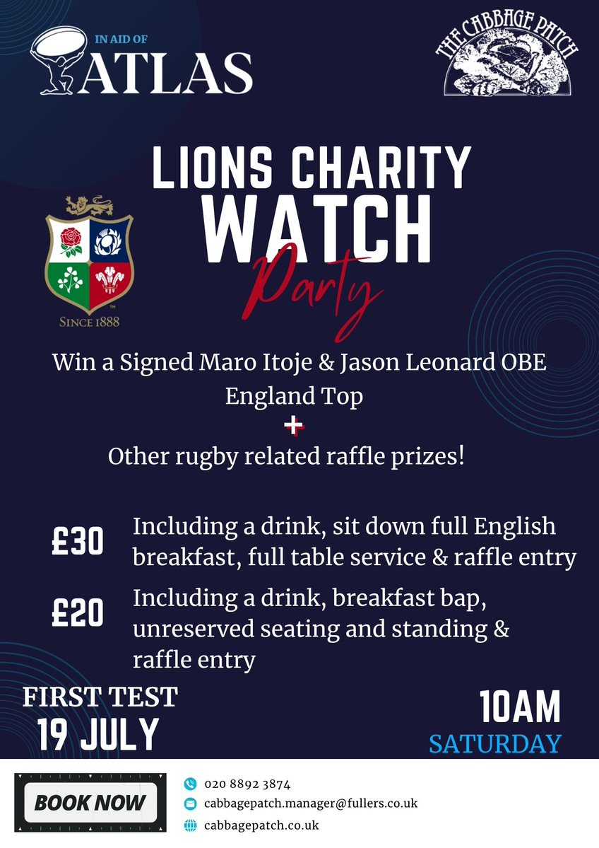 theatlascharity's tweet image. 🦁 LIONS 1st TEST – CHARITY WATCH PARTY
Join us at @CabbagePatchPub on Saturday 19th July at 10:00am for the ultimate Lions Test Watch Party – all in support of The Atlas Foundation ❤️
Ticket Link: ow.ly/KW1X50WnkFq
Link also in bio!
#AtlasFoundation #Lions2025