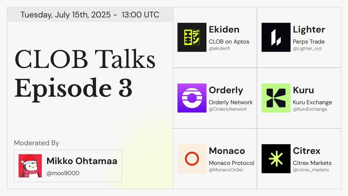 🎧 CLOB Talks Episode 3 is loading...

We’re locking in with top builders pushing the edge of on-chain trading. No fluff! just sharp takes, real insight, and the alpha you’re here for.

👥 Guests:
<a href="/Lighter_xyz/">Lighter</a>
<a href="/ekidenfi/">Ekiden</a> 
<a href="/OrderlyNetwork/">Orderly</a> 
<a href="/MonacoOnSei/">Monaco Protocol</a> 
<a href="/KuruExchange/">Kuru</a>